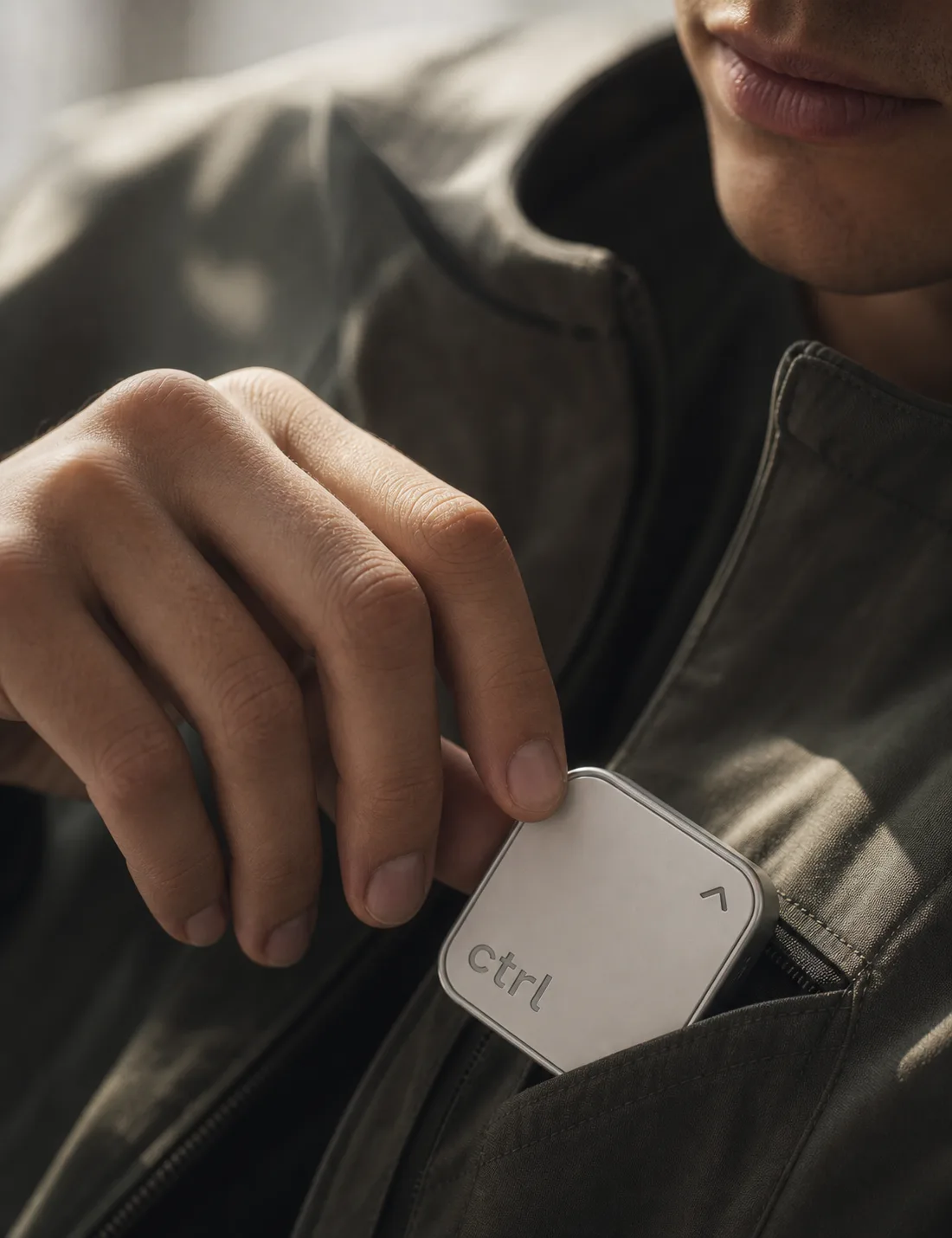Ein Mann steckt den ctrl key in die Jackentasche