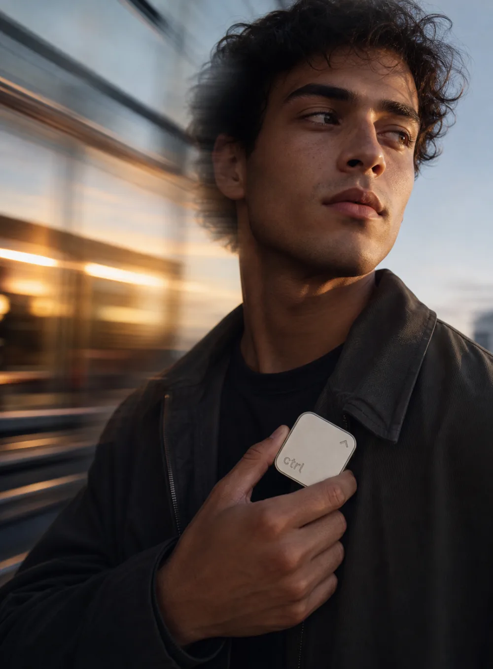 Ein junger Mann draußen im Abendlicht, den ctrl key in der Hand
