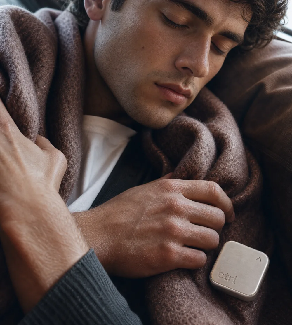 Ein Mann schläft eingekuschelt in eine Decke, den ctrl key in der Hand