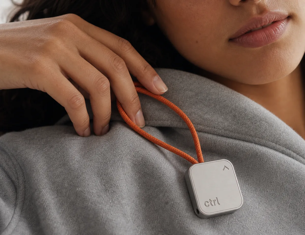 Zwei Menschen nah beieinander, der ctrl key am orangen Band